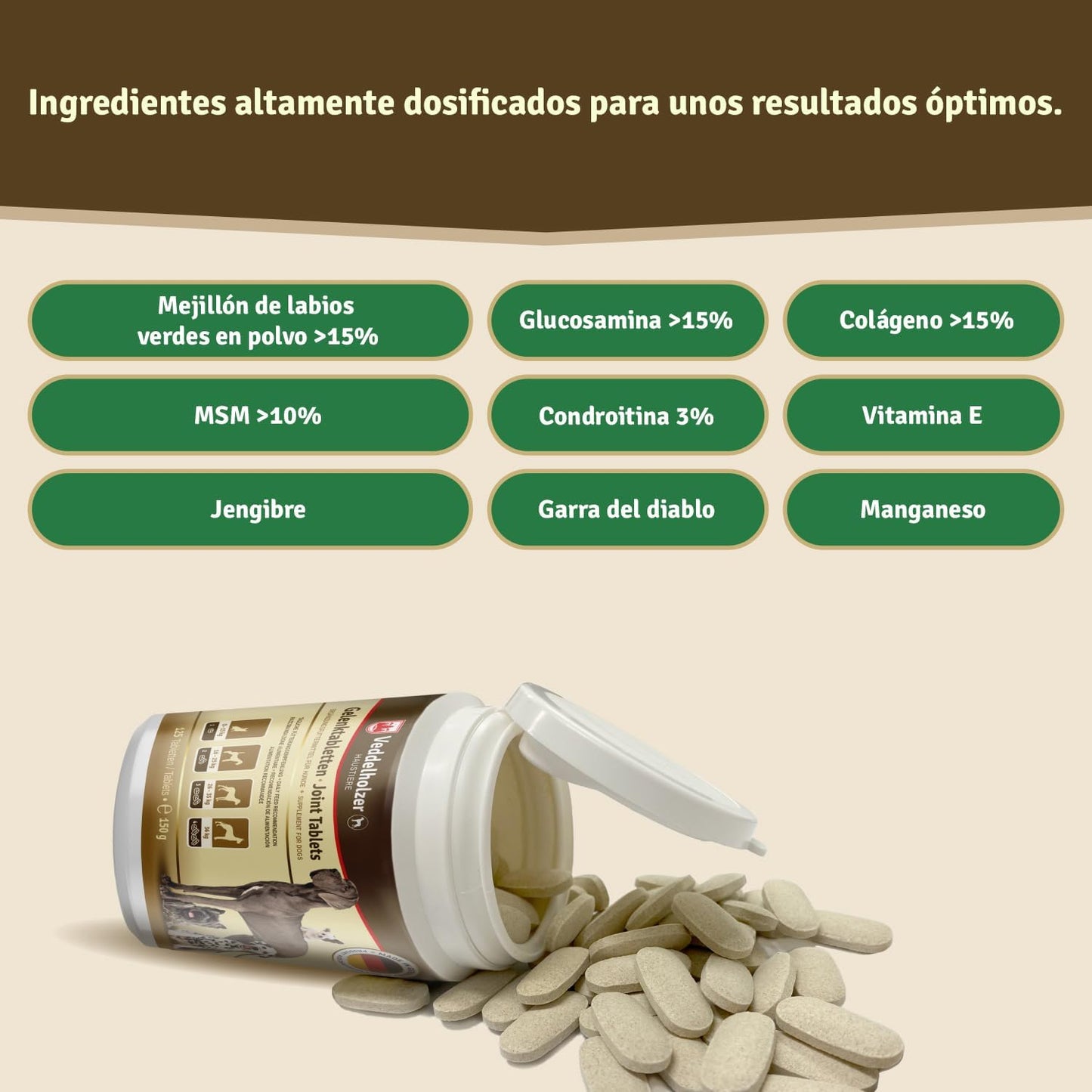 Los Comprimidos Condroprotector Perros Para Articulaciones Veddelholzer Con MSM, Harpagófito Glucosamina Colágeno Para Fortalecer Los Huesos, Fabricadas En Alemania, 125 Cápsulas Con Hialurón