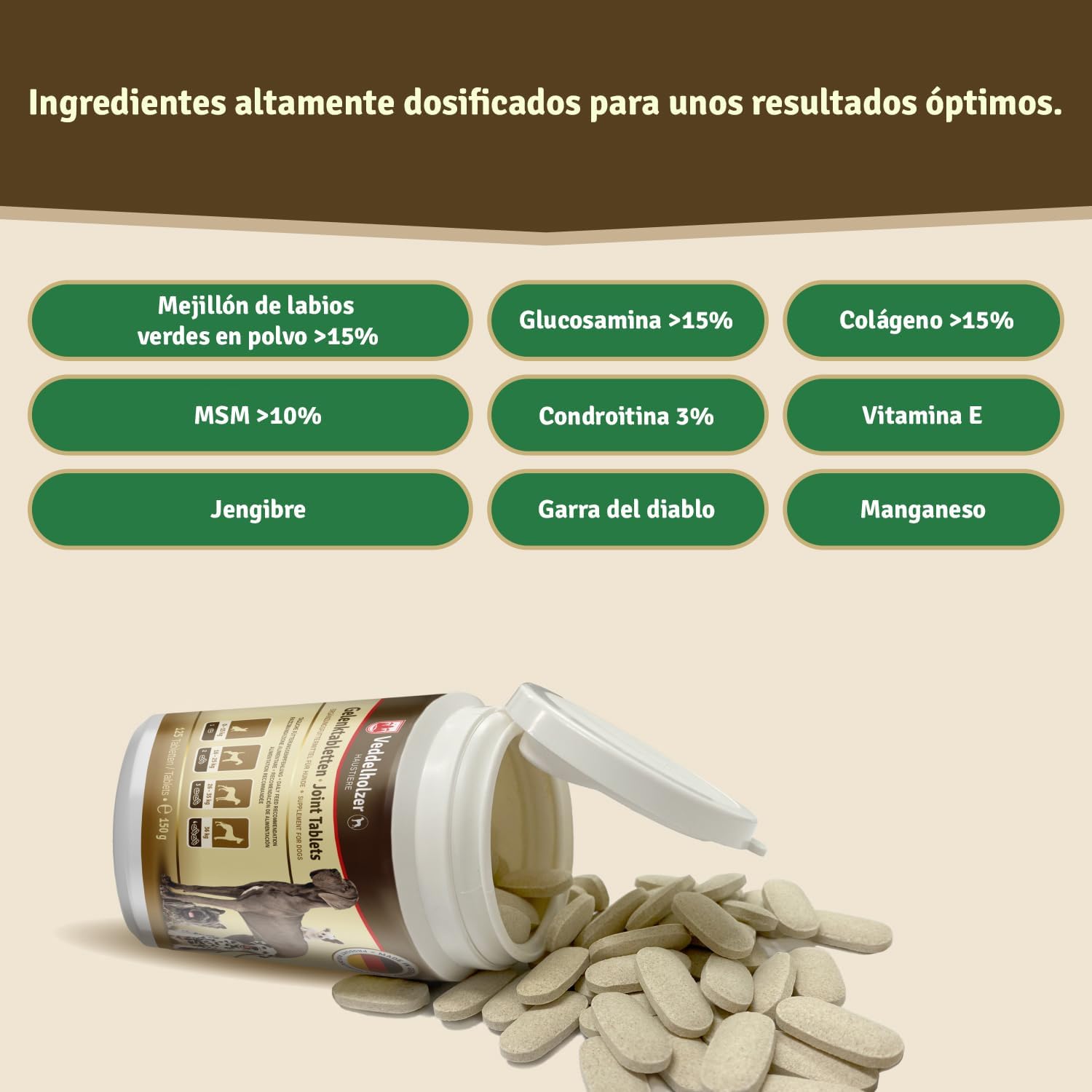 Los Comprimidos Condroprotector Perros Para Articulaciones Veddelholzer Con MSM, Harpagófito Glucosamina Colágeno Para Fortalecer Los Huesos, Fabricadas En Alemania, 125 Cápsulas Con Hialurón