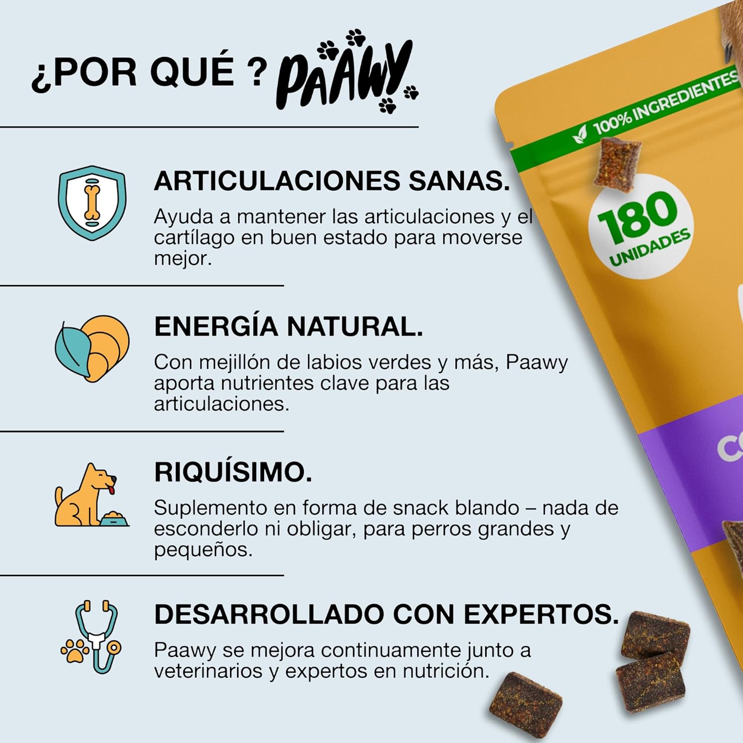 Condroprotector Perros De Paawy | MEJOR EN LA PRUEBA | 180 Snacks Con Glucosamina, Condroitina, MSM Y Colágeno – Antiinflamatorio Natural Para Articulaciones Y Artrosis – Para Razas Pequeñas Y Grandes